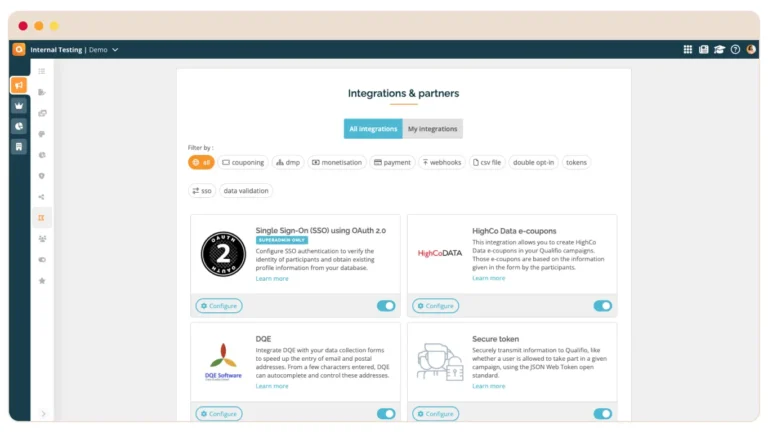 Catalogue des intégrations Qualifio filtrable par couponing, DMP, webhooks, SSO et validation de données