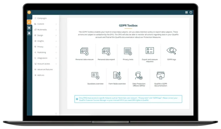 Écran GDPR Toolbox de Qualifio avec effacement, export, textes de confidentialité et journaux RGPD