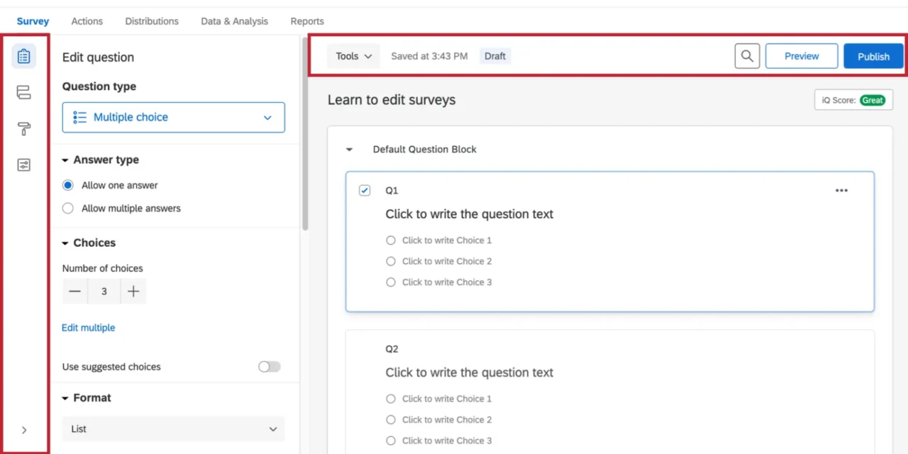 Éditeur d'enquêtes de Qualtrics : panneau de modification d'une question à choix multiple et toolbar avec aperçu et publication