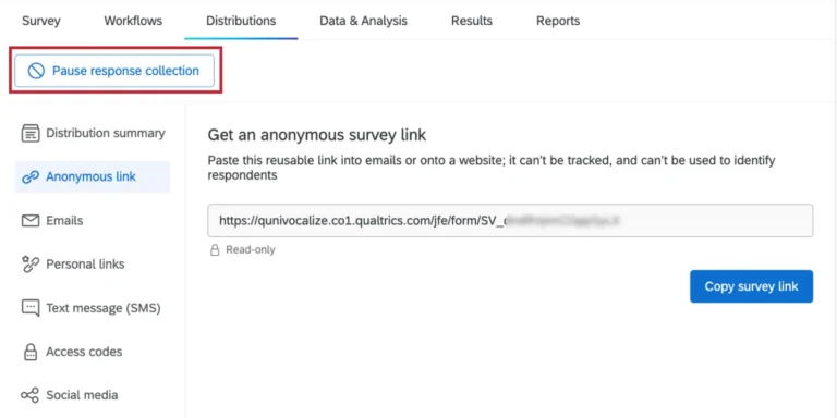 Onglet Distributions de Qualtrics avec lien anonyme d'enquête et canaux e-mail, SMS, liens personnels et réseaux sociaux