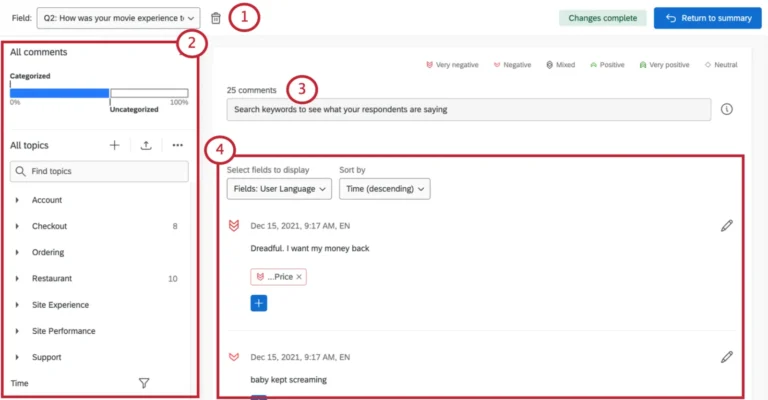 Text iQ dans Qualtrics : commentaires classés par thème avec indicateurs de sentiment et recherche par mots-clés