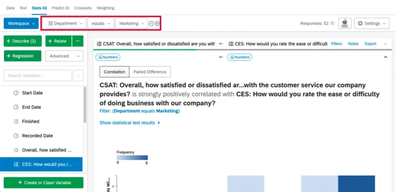 Stats iQ dans Qualtrics : corrélation entre score CSAT et score CES filtrée sur un département