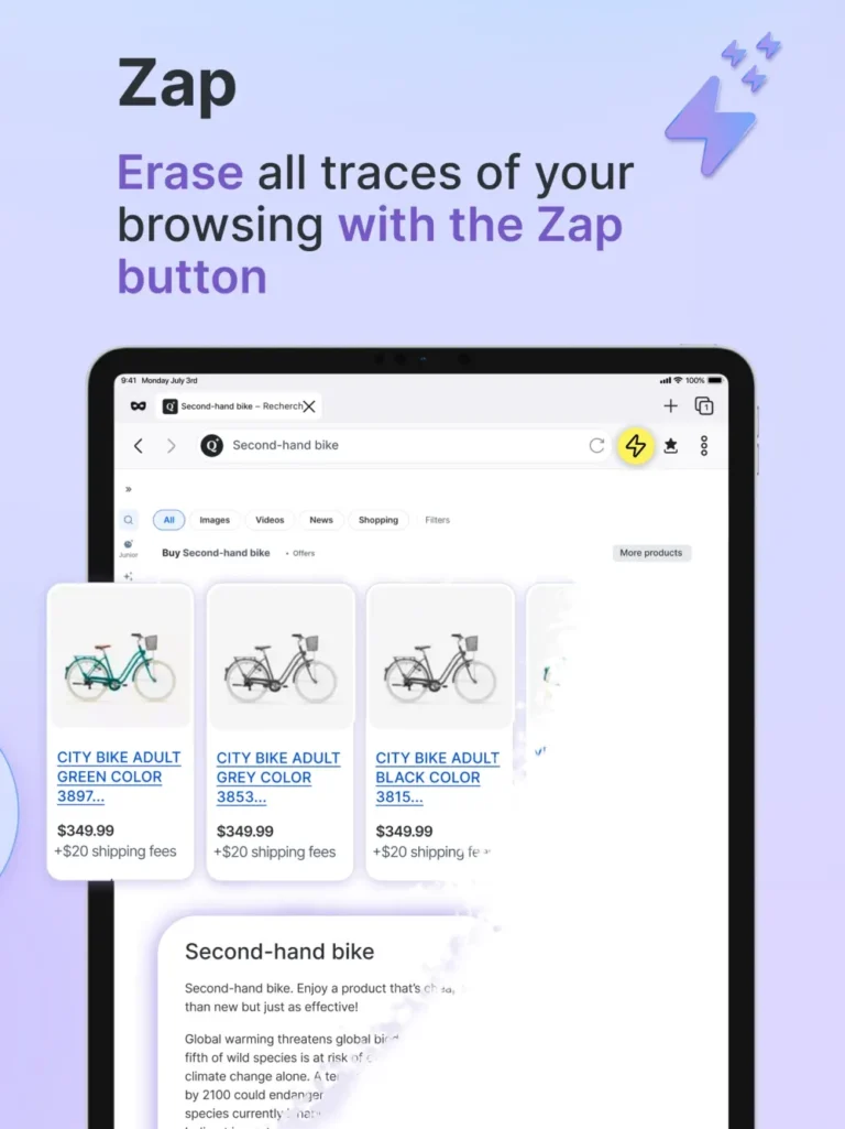 Application Qwant sur iPad avec résultats Shopping et bouton Zap mis en évidence dans la barre d'adresse