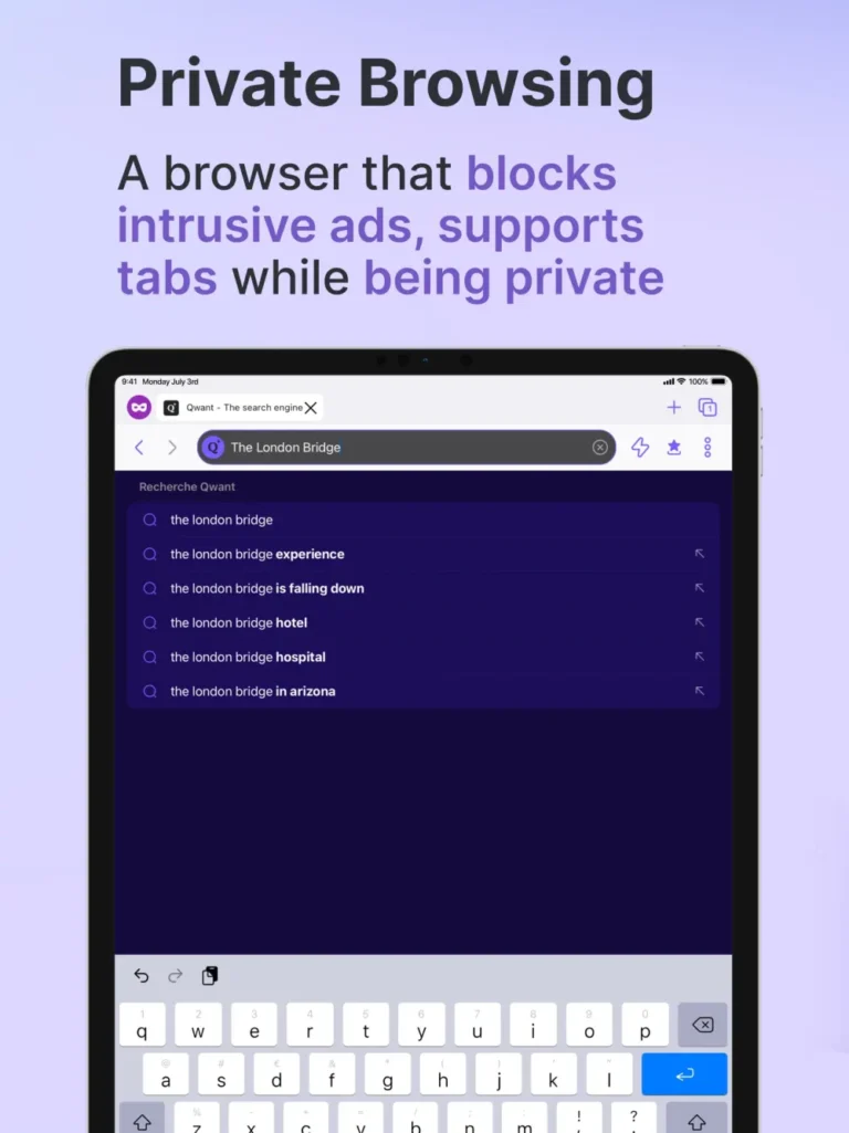 Application Qwant sur iPad en navigation privée avec suggestions de recherche Qwant et clavier affiché