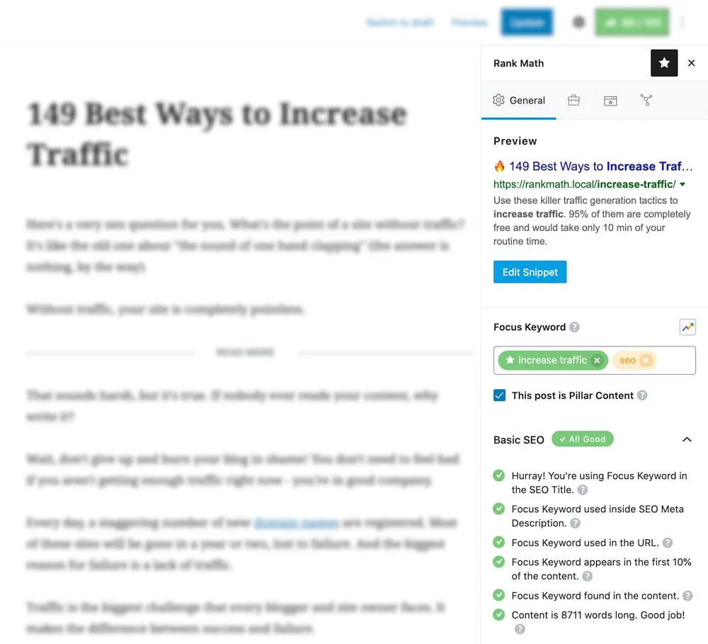 Panneau Rank Math dans l'éditeur WordPress avec l'aperçu Google, le mot-clé principal et la liste des tests SEO validés