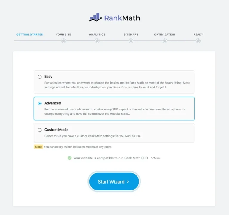 Assistant de configuration de Rank Math avec le choix entre les modes Facile, Avancé et Personnalisé