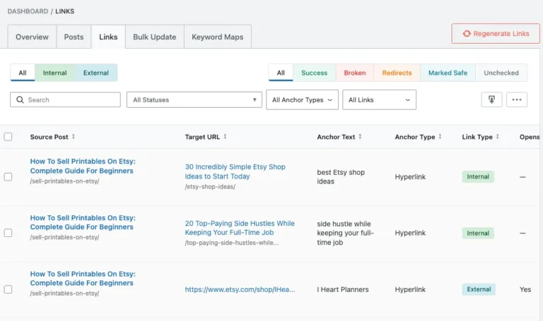 Tableau des liens d'AI Link Genius avec article source, URL cible, ancre et type de lien interne ou externe