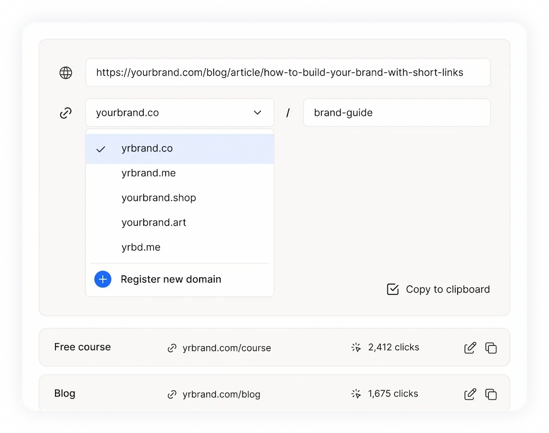Création d'un lien Rebrandly : URL longue, menu des domaines de marque, fin de lien personnalisée et liste des liens avec leurs clics