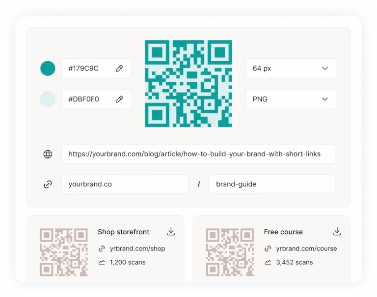 Éditeur de QR code Rebrandly avec choix des couleurs, de la taille et du format, et QR codes existants avec leur nombre de scans
