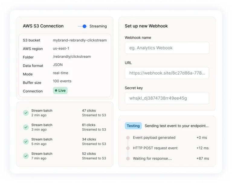 Configuration Rebrandly d'un flux de clics vers AWS S3 et d'un webhook avec nom, URL, clé secrète et test d'envoi