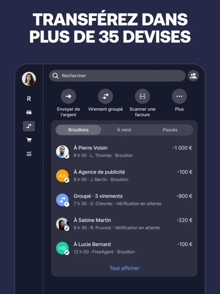 Écran des paiements Revolut Business sur tablette avec virements en brouillon, virement groupé et vérifications en attente