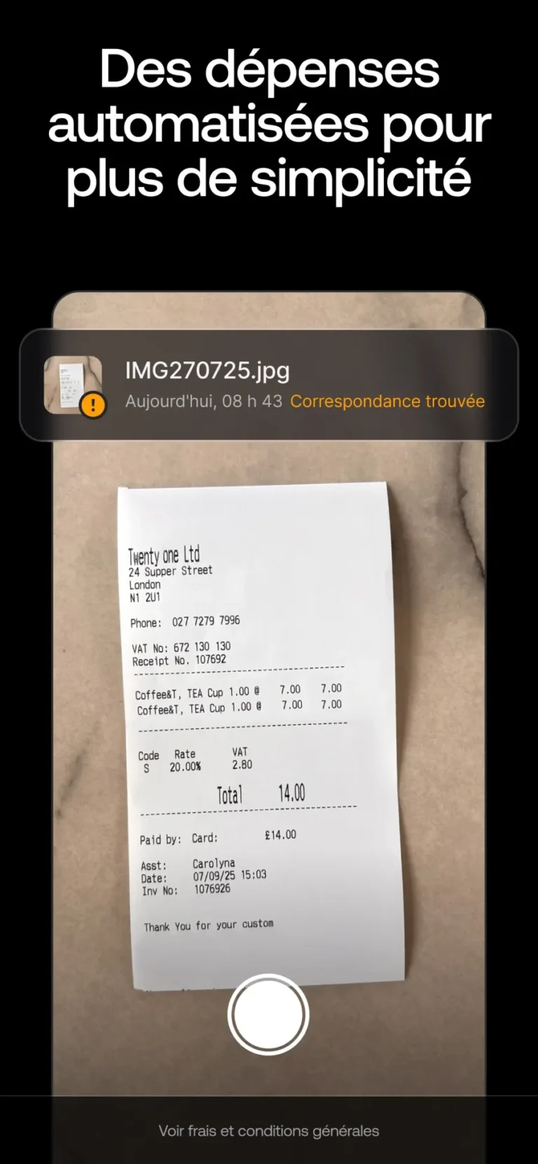 Capture d'un ticket de caisse dans Revolut Business, rapproché automatiquement d'une transaction par carte