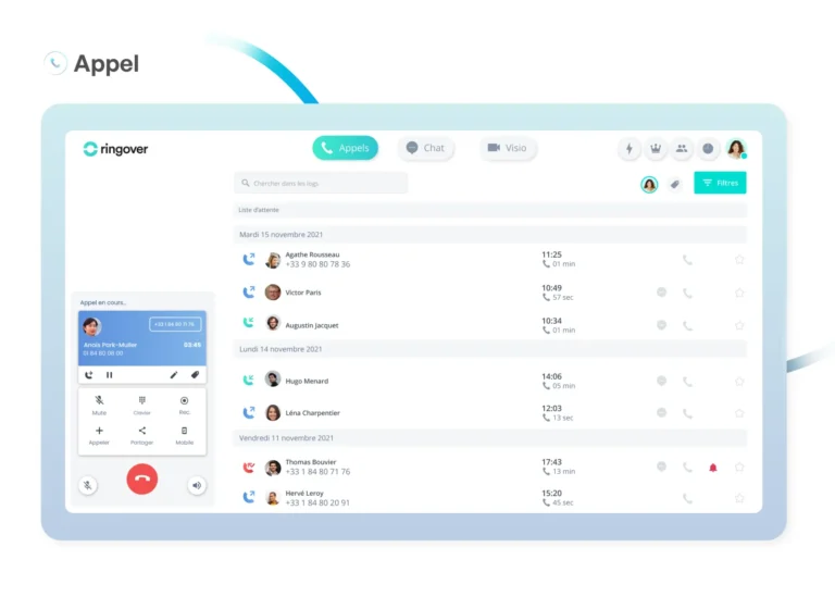 Application web Ringover pendant un appel, avec le panneau de contrôle et la liste des appels récents classés par jour