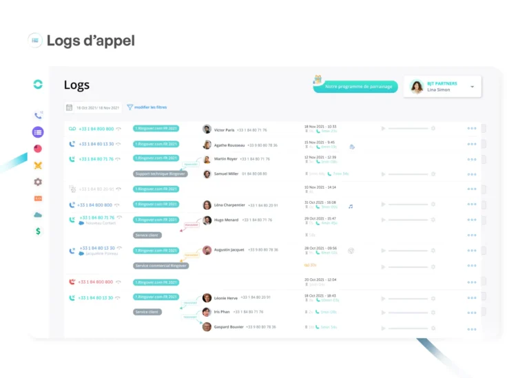 Journal des appels Ringover avec numéros, standards, transferts entre services, durées et lecteur d'enregistrement