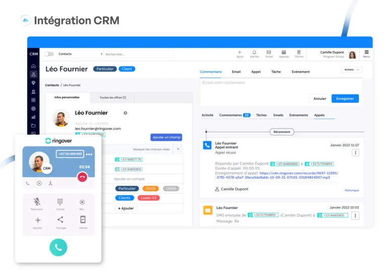 Fiche contact d'un CRM avec l'appel Ringover en cours et l'historique des appels et SMS synchronisés