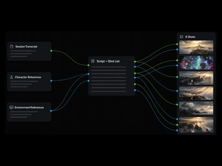 Workflow Runway reliant transcription, références de personnages et de décors à un script et à six plans générés