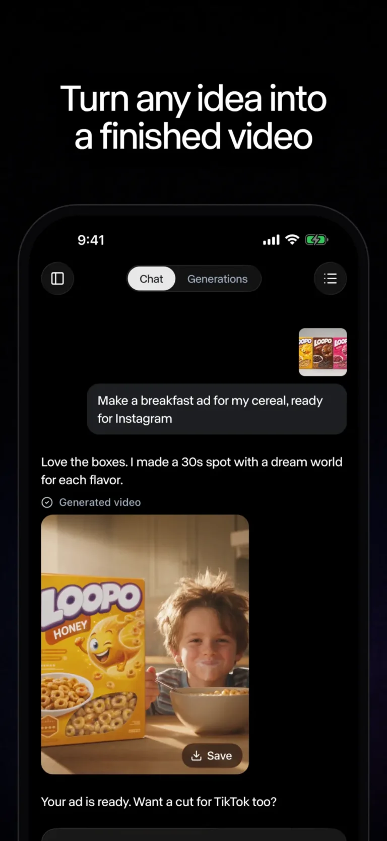 Application mobile Runway : conversation avec l'agent qui génère une publicité vidéo pour une marque de céréales