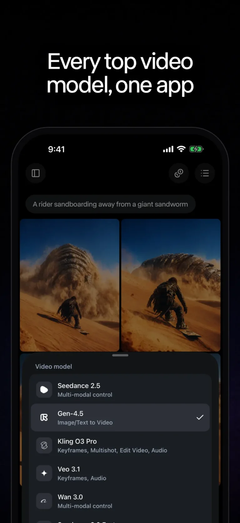 Application mobile Runway avec deux générations et le menu de choix du modèle vidéo Gen-4.5, Kling, Veo, Wan