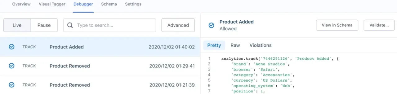 Débogueur de source Segment : flux en direct des événements Track et détail d'un événement Product Added