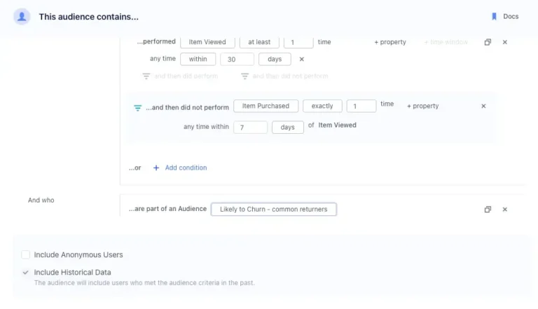 Création d'une audience dans Segment Engage : produit vu sans achat sous 7 jours, croisé avec une audience de churn