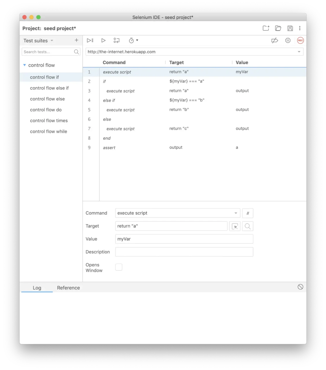 Selenium IDE avec un scénario de test utilisant if, else if et else, la liste des tests à gauche et l'éditeur de commande en bas