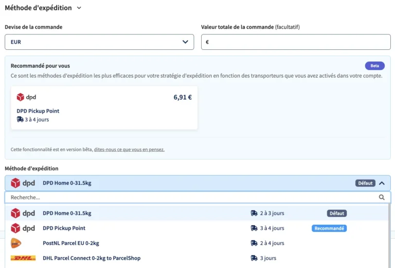 Choix de la méthode d'expédition dans Sendcloud avec une recommandation DPD Pickup Point et les délais par transporteur