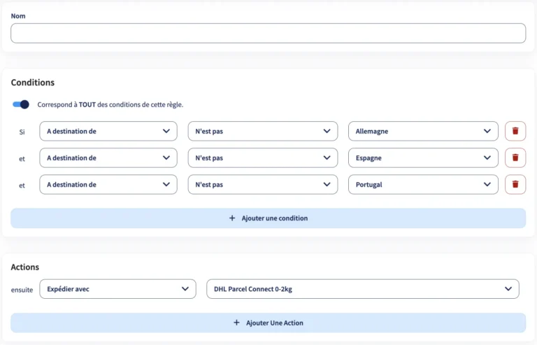 Éditeur de règle d'expédition Sendcloud avec conditions sur le pays de destination et action Expédier avec
