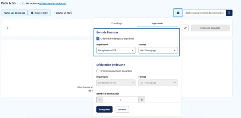 Écran Pack & Go de Sendcloud avec les réglages d'impression des bons de livraison et des documents douaniers