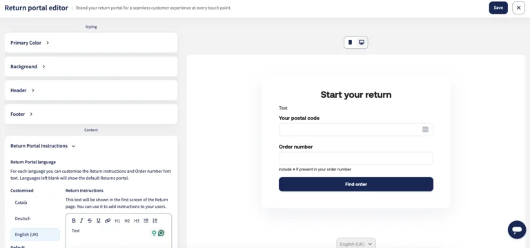 Éditeur du portail de retours Sendcloud avec réglages de style, instructions par langue et aperçu du formulaire