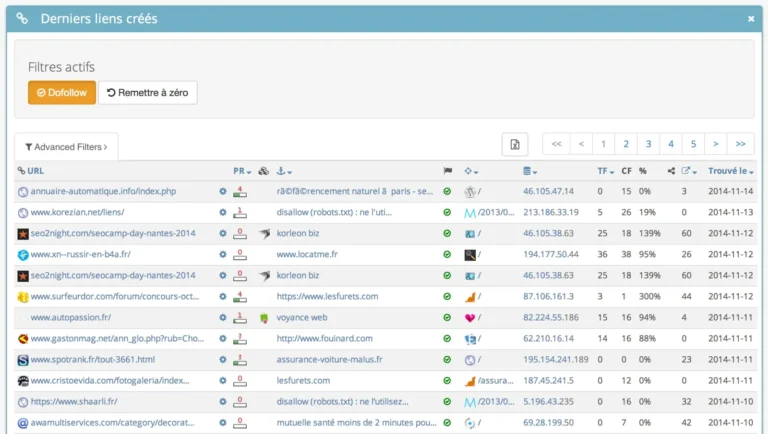 Tableau des derniers liens créés dans SEObserver avec filtre dofollow, ancres, IP, Trust Flow et date de découverte