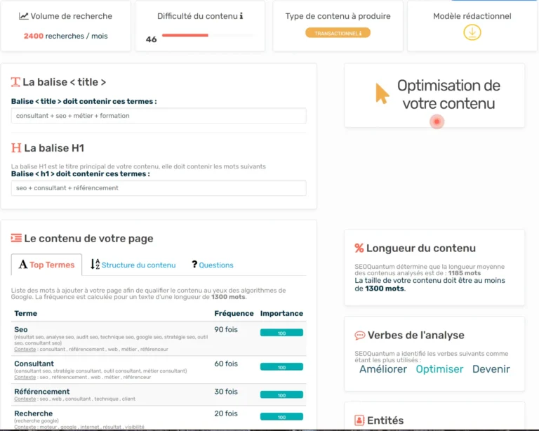 Rapport d'analyse sémantique : volume de recherche, difficulté, intention, termes conseillés pour title et H1, longueur cible
