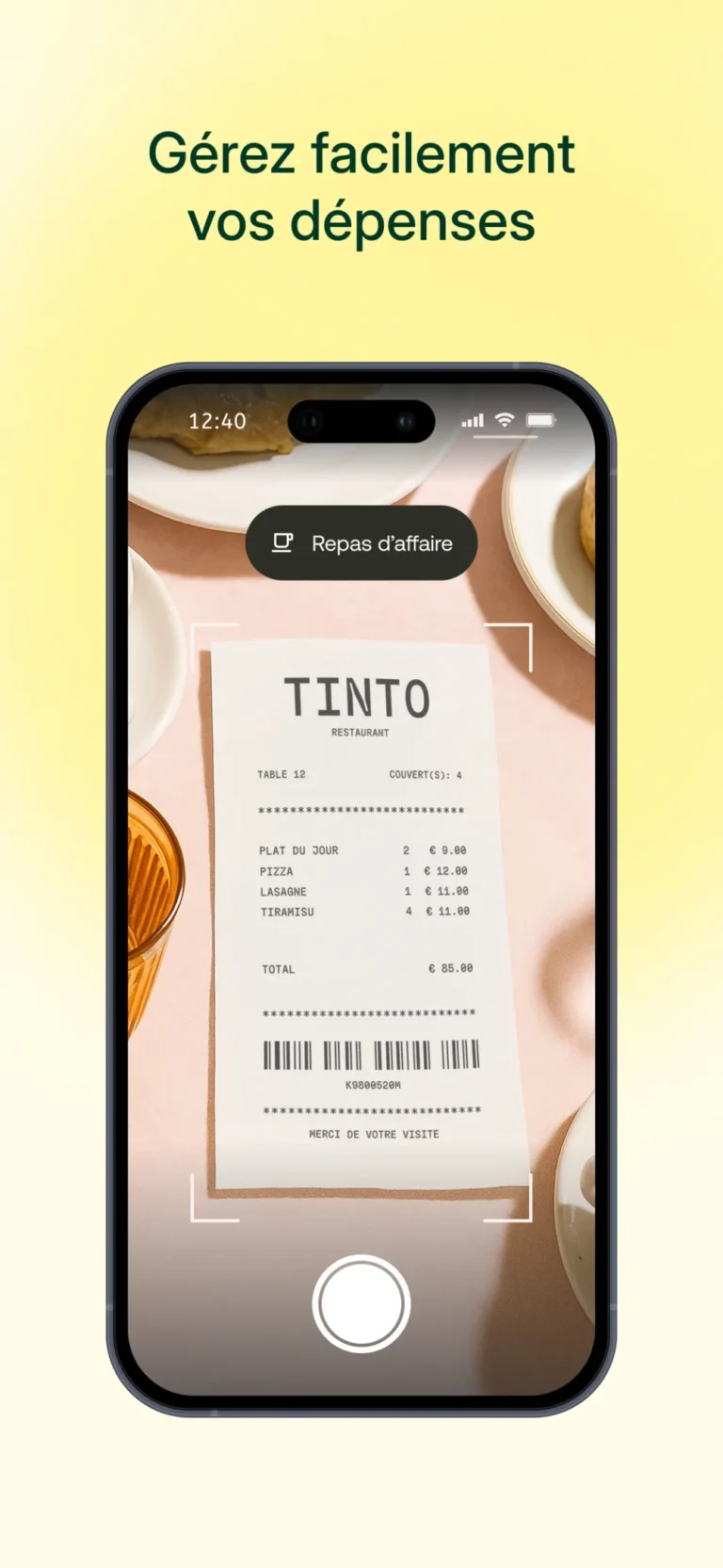 Scan d'un ticket de restaurant dans l'application Shine Facture, classé dans la catégorie repas d'affaire