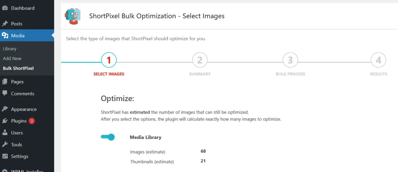 Écran Bulk ShortPixel dans WordPress, étape de sélection avec estimation du nombre d'images et de vignettes à optimiser