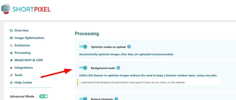 Réglages Processing de l'extension ShortPixel avec optimisation à l'envoi et mode d'optimisation en arrière-plan