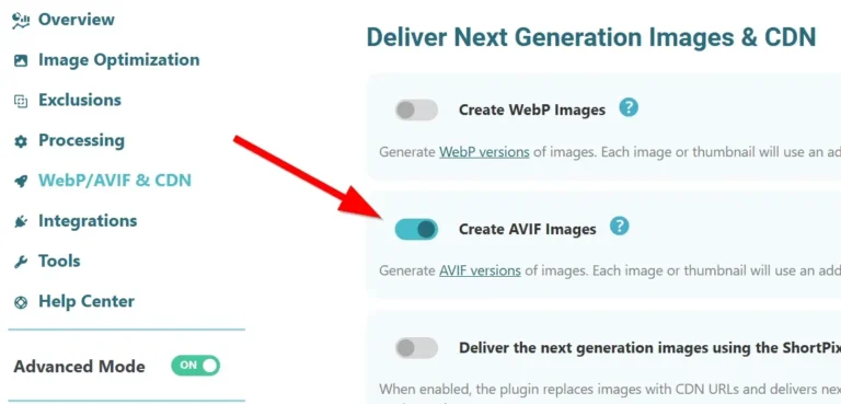 Onglet WebP/AVIF & CDN des réglages ShortPixel avec les options Create WebP Images et Create AVIF Images