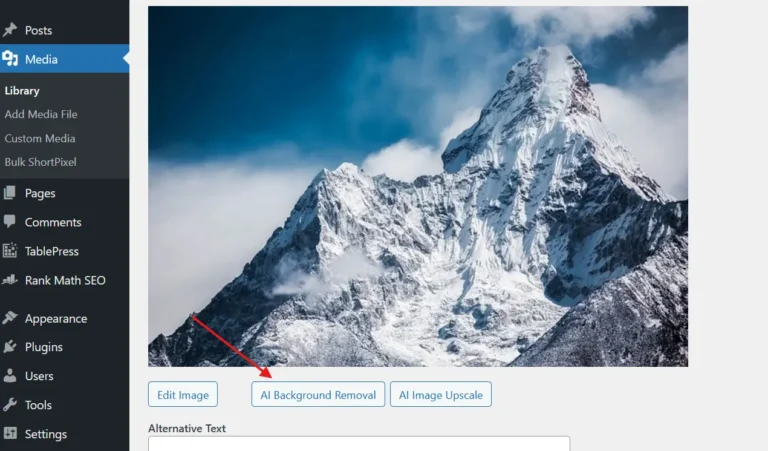 Fiche d'une image dans la médiathèque WordPress avec les boutons AI Background Removal et AI Image Upscale