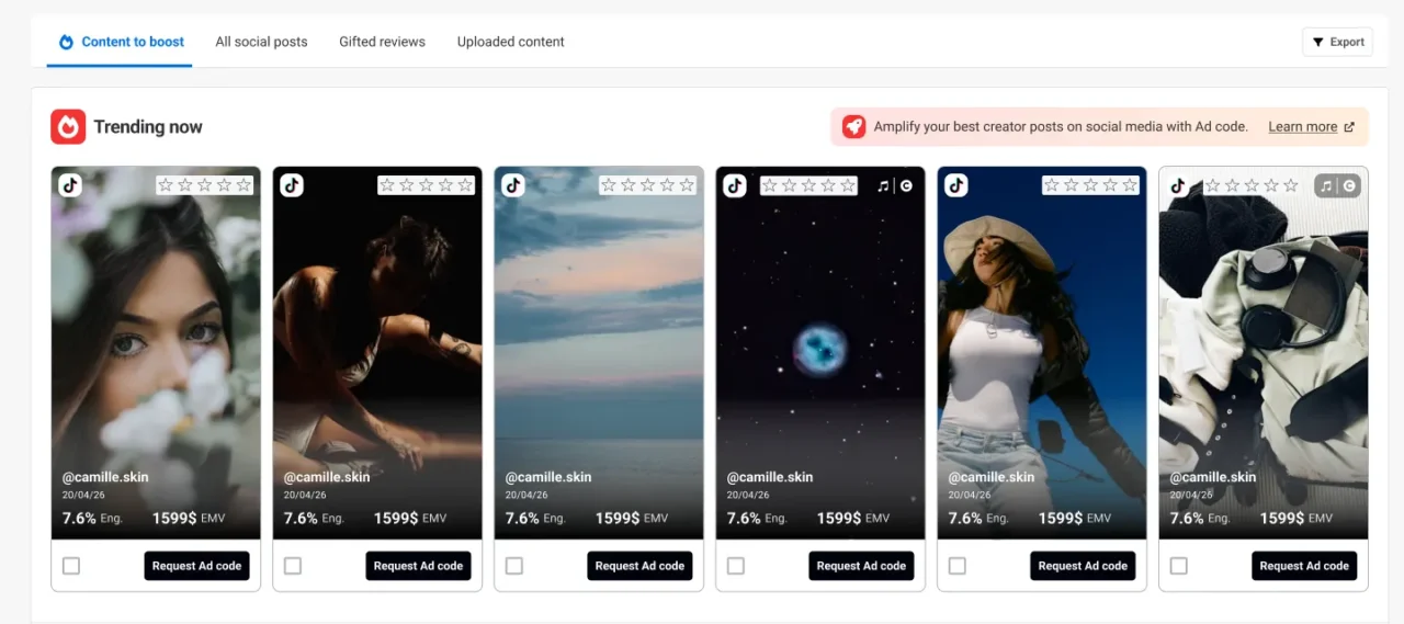 Onglet Content to boost du Content Hub de Skeepers : posts TikTok en tendance avec taux d'engagement, EMV et bouton Request Ad code