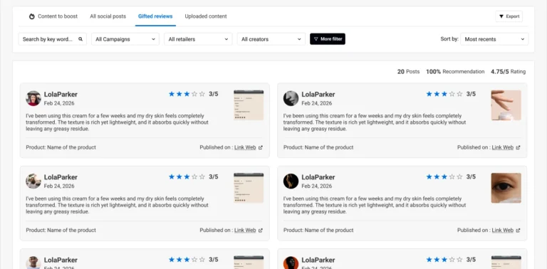 Liste des Gifted Reviews dans Skeepers avec filtres par campagne, distributeur et créateur, notes sur 5 et taux de recommandation