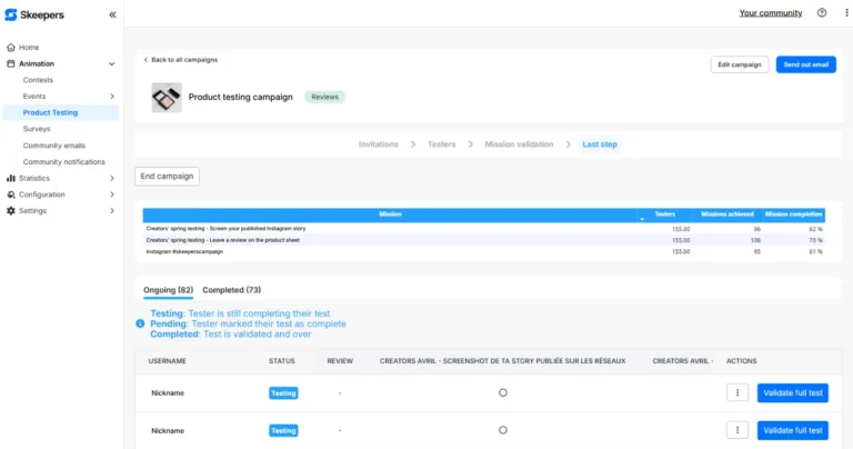 Campagne de test produit dans le back-office Brand Communities de Skeepers avec missions, testeurs et taux de complétion