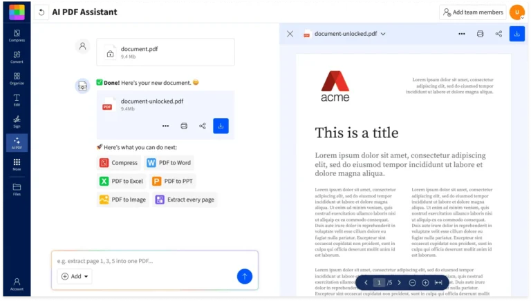 Assistant IA PDF de Smallpdf avec conversation, document déverrouillé et suggestions de conversion vers Word, Excel ou PPT