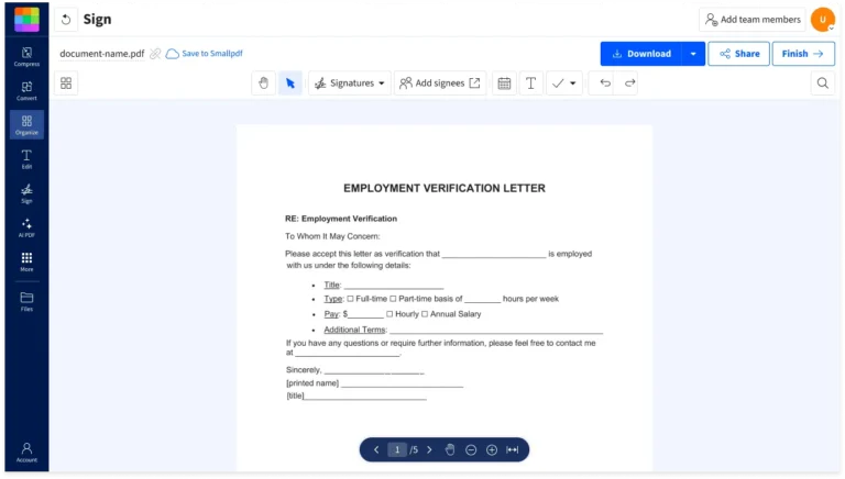 Outil de signature Smallpdf avec menu Signatures, ajout de signataires, date et cases à cocher sur un PDF