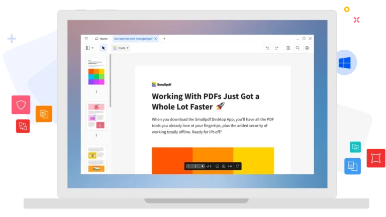 Application de bureau Smallpdf pour Windows avec onglets, miniatures des pages et menu Tools sur un PDF ouvert