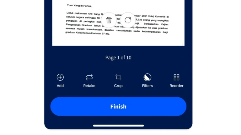 Écran du scanner de l'application mobile Smallpdf avec boutons ajouter, reprendre, recadrer, filtres et réordonner