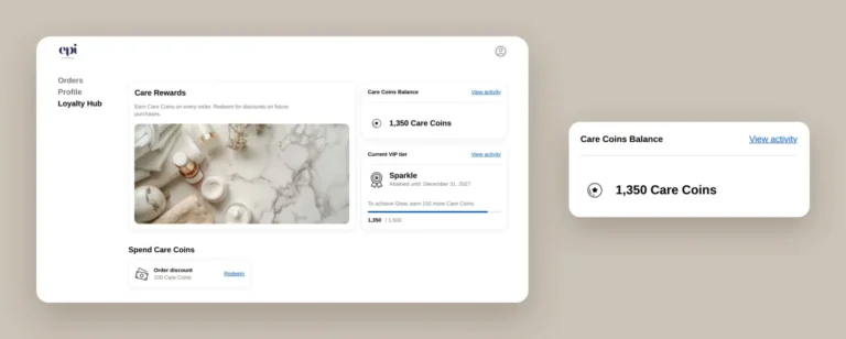 Loyalty Hub dans le compte client Shopify : solde de points, palier VIP actuel avec progression et récompense à échanger