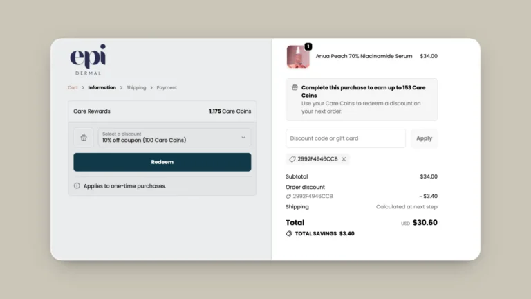 Page de paiement Shopify avec le bloc Smile pour choisir une remise en points et l'estimation des points gagnés