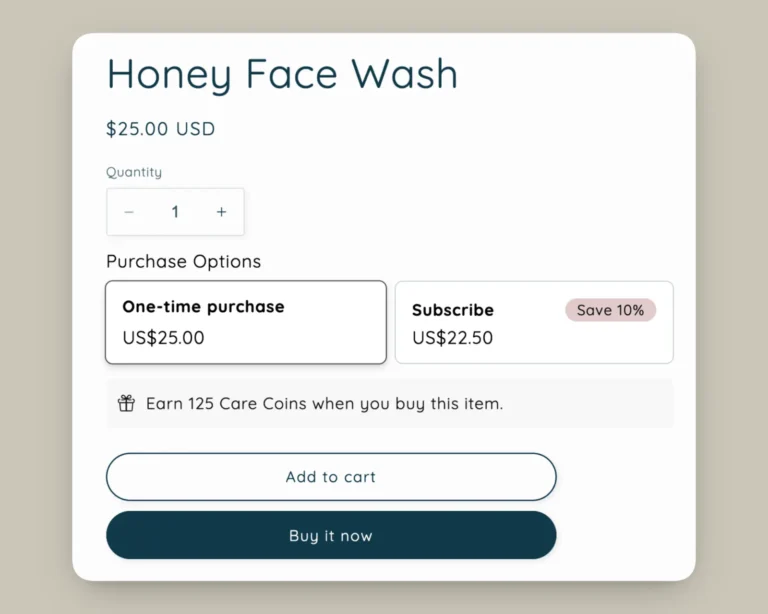 Fiche produit d'une boutique Shopify avec le message Smile indiquant le nombre de points gagnés à l'achat