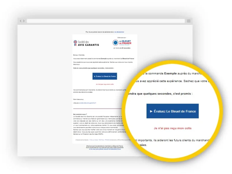 E-mail de demande d'avis envoyé après une commande, avec bouton Évaluez la boutique et lien Je n'ai pas reçu mon colis