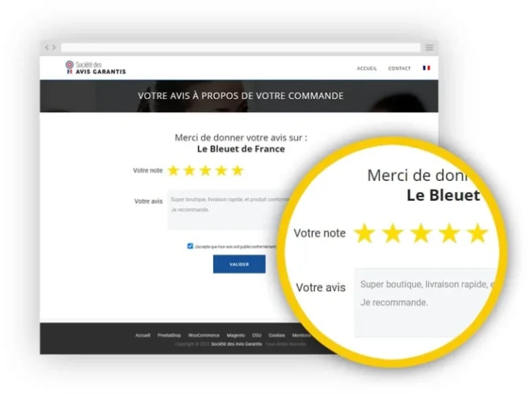 Formulaire de dépôt d'avis : note de 1 à 5 étoiles sur la boutique et zone de commentaire libre