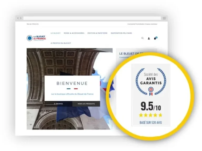 Widget site affiché sur une boutique en ligne : note globale 9,5 sur 10 basée sur 520 avis