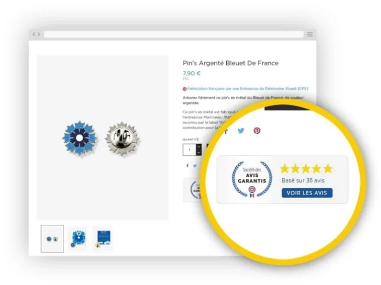 Widget produit résumé sur une fiche article : cinq étoiles, nombre d'avis et bouton Voir les avis